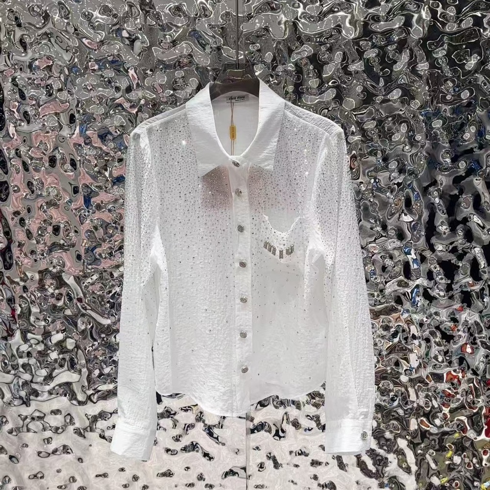 Miu Miu White Eyelet Button-Down Shirt with Pocket Detail